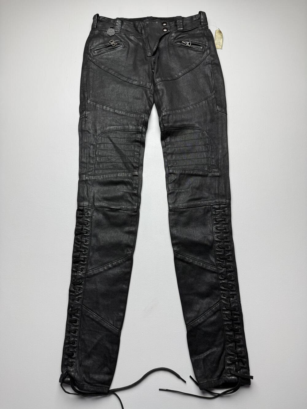 Polo Ralph Lauren Jeans Womens 25 Black Dark Skinny Lace Up Biker Coated Rare